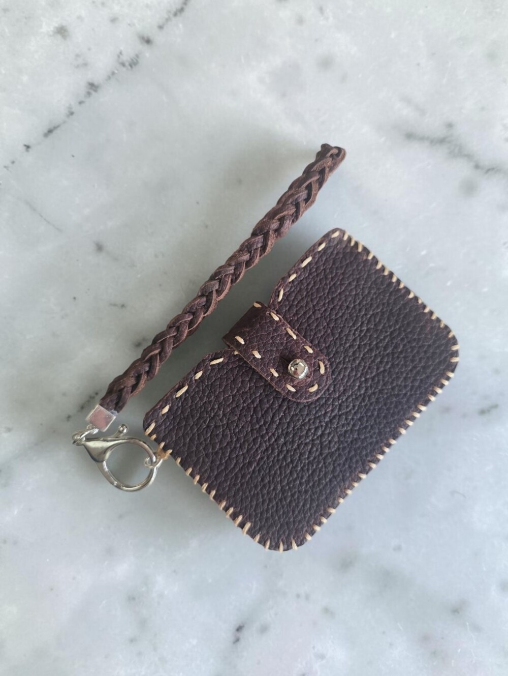 Woven Leather Key Pouch Wallet - Brown